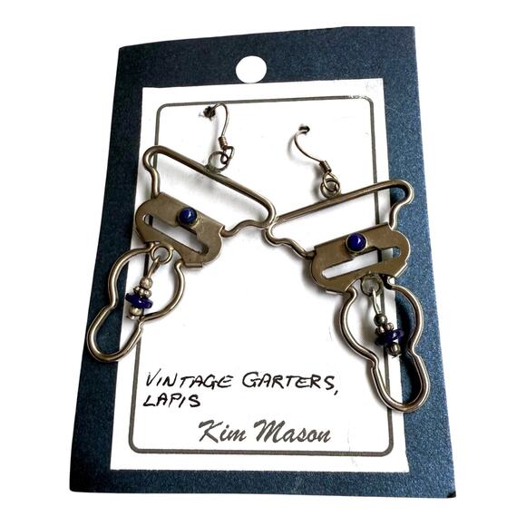 NEW Kim Mason GARTER BELT EARRINGS Silver Blue Lapis Gemstone Bead Dangle Drop - Picture 3 of 6
